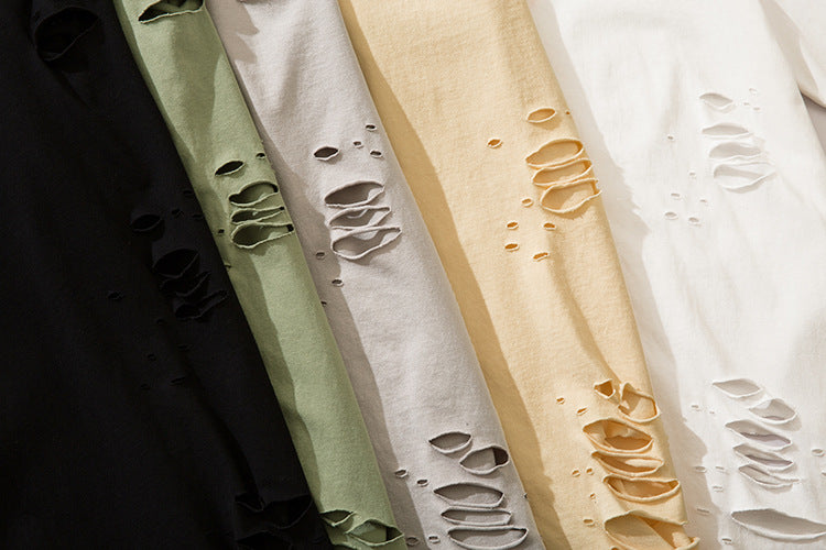 Ripped solid color short sleeves-D461