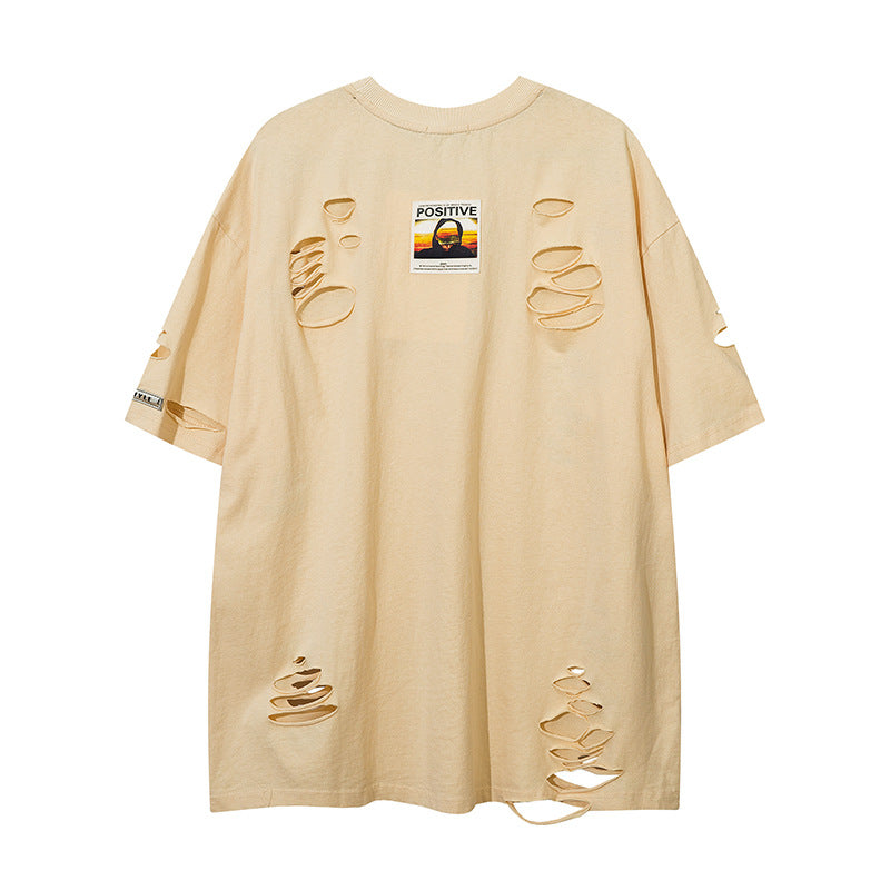 Ripped solid color short sleeves-D461